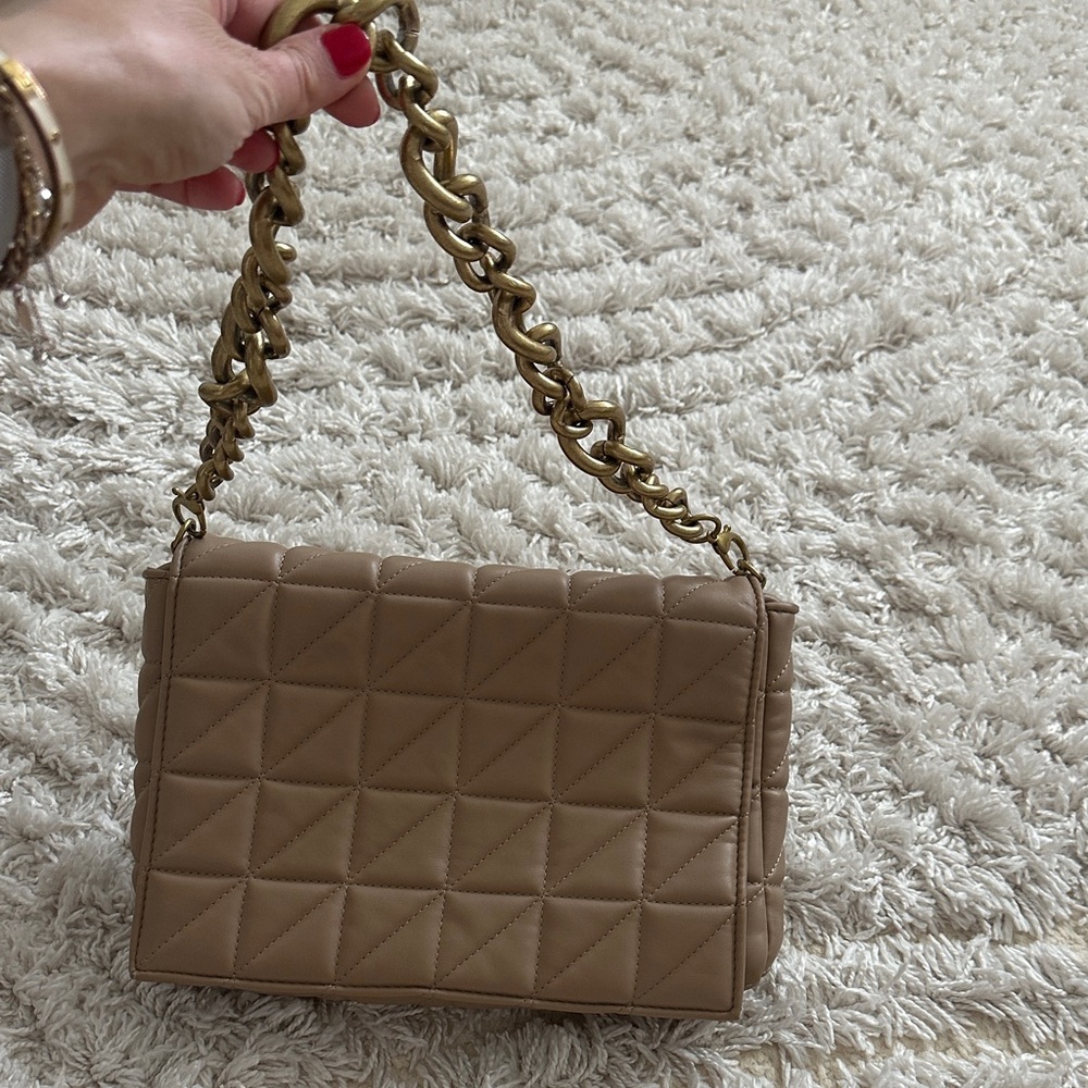 Zara Quilted Leather Shoulder Bag in Taupe with Gold Chain